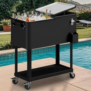 DWVO Ice Chest with Wheels,80 Quart Rolling Cooler with Bottle Opener Drainage, Patio Cooler Cart, Rolling Ice Chest with Handle for Patio Pool Deck Party BBQ Cookouts(Black)