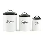 Barnyard Designs Black White Canister Sets for Kitchen Counter, Vintage Kitchen Canisters, Country Rustic Farmhouse Decor Kitchen, Coffee Tea Sugar Farmhouse Kitchen Decor, Metal, Set of 3