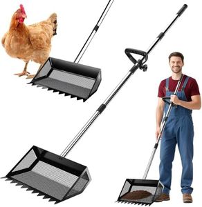 Chicken Poop Scooper & Rake 2-in-1,304 Stainless Steel Shovel Head, Chicken Litter Scoop with Handle for Chicken Coop & Pet Waste Cleaning, Litter Sifting Shovel (35 to 65") (Black,)