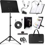 CAHAYA 6 IN 1 Sheet Music Stand with Stand Light Desktop Book Stand with Carrying Bag, Sheet Music Folder & Clip Metal Portable Solid Back for Guitar, Ukulele, Violin Players