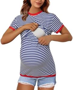 Peauty Women's Nursing Tops Color Blocking Striped Breastfeeding Short Sleeve Tees Postpartum Shirt, Navy Blue Stripe, XX-Large