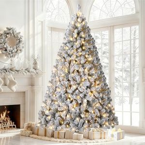 9FT Pre-Lit Snow Flocked Artificial Full Christmas Tree with Warm Lights, Artificial Christmas Tree Full Prelighted Xmas Tree with 1800 Branch Tips, 900 Warm Lights & Foldable Stand, Green White