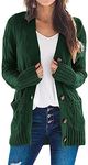 PRETTYGARDEN Women's Open Front Cardigan Sweaters Fall Fashion Button Down Cable Knit Chunky Winter Outerwear Coats (Dark Green,Large)