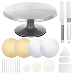 Kinsinder 12 Inches Cake Turntable Metal, Aluminium Cake Decorating Turntable, Rotating Cake Stand with Icing Spatula Comb Icing Smoother Cake Board for Baking Pastries