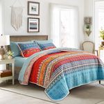 3 Pieces Colorful Bohemian Quilt Set Full Queen Size, Boho Striped Blue n Red Printed Bedding Bedspread Coverlet Set for Summer, Soft Lightweight Microfiber Quilt with 2 Shams (88x88 inces)