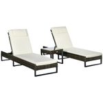 Outsunny 3-piece PE Rattan Sun Lounger Set with Adjustable 5-Position Recliner, Patio Chaise Lounge Chair Set with Cushions, Headrests, Glass Top Square Coffee Table, Brown