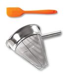 PINKIECLINK Bouillon Strainer - Stainless Steel Fine Mesh Metal Food Chinois, Cone Separator, Kitchen Colander Sieve for Sauce Jam Jelly Tea, 8" - With Spatula