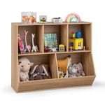 GYMAX Toy Storage Organizer, 5 Cubby Kids Storage Shelf Unit with Anti-Tipping Kits, Wooden Children Bookcase for Kids Room Playroom Nursery (Natural)