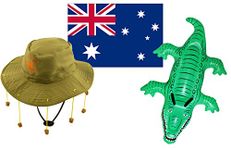 AUSTRALIA DAY FANCY DRESS SET - AUSTRALIAN FLAG PLUS CORK HAT AND INFLATABLE ANIMALS - ADULTS AUSTRALIAN HAT, AUSTRALIAN FLAG AND INFLATABLE CROCODILE