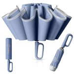 PALAY® Large Umbrella with Reflective Strip, Auto 3-Fold Compact Travel Umbrella, Carabiner Handle, Reinforced 10 Dual Ribs, Sun Protection 99% UV & Rain & Windproof for Men Women (Blue)