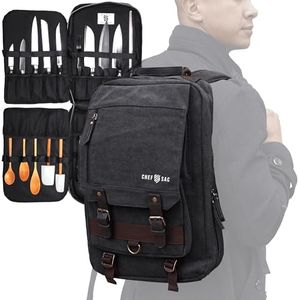 Chef Knife Bag Retro Backpack | 20+ Slots for Knives and Chef Tools | Knife Carrying Case with Hidden Back Pocket for Tablet | Sturdy Knife Bags for Chefs & Culinary Students | Premium Canvas (Black)