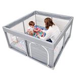 PandaEar Large Baby Playpen Parc pour Bébé, Sturdy Baby Play Yards with Soft Breathable Mesh, Indoor & Outdoor Baby Fence for Kids Toddler Infant Safety (50"×50")- LightGrey