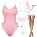 Womens Bunny Girl Suit Anime Role Costume Senpai Cosplay Bodysuit One Piece Stockings Set（Pink S