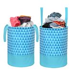 PrettyKrafts 45L Non Woven Trio Printed Round Foldable Large Laundry Bag/Basket With Handles, Freestanding Clothes Storage Organizer for Bedroom, Bathroom, Dorm (36x36x45cm, Blue, Set of 2)