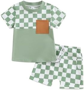 KtwHarnu Toddler Baby Boy Girl Summer Outfits Checkered Plaid Short Sleeve T-Shirt Top Shorts Set 2Pcs Checkerboard Clothes, Green Checker Plaid, 18-24 Months