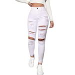 Cqinnifu High Waisted White Distressed Jeans for Women Stretch Butt Lifting Ripped Jean Skinny Jeggings for Women, White, Medium