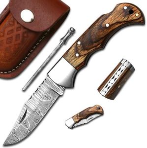 Handmade Damascus Pocket Knife for Men - 6.5 Inches Damascus Folding Knife with Sheath - Pocket Knives and Folding Knives with Back Lock - Best for EDC, Camping, Fishing and Hiking, Brown, HA786