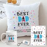 PICRAZEE "Best Dad Ever Papa | Father | Daddy | Birthday Father's Day| (1 Printed Cushion 12 * 12 INCHES with Filler, 1 Printed Ceramic Coffee Mug, 1 Printed Key Ring, 1 Greeting Card) (708)