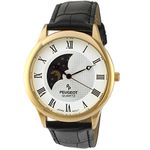 Peugeot Men's 14K Gold Plated Sun Moon Phase Vintage Dress Analog Watch with Leather Strap, Black, Black, Vintage