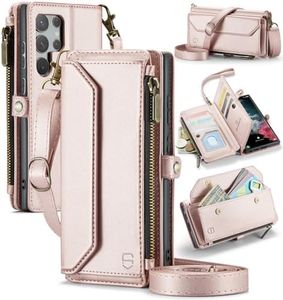 Strapurs Crossbody Wallet Case Compatible with Samsung Galaxy S22 Ultra 5G RFID Blocking 10-Card Holder Soft PU Leather Magnetic Snap Strap Zipper Pocket Phone Case Fit for Galaxy S22 Ultra - RoseGold