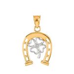 10k Two-Tone Gold Lucky Horseshoe with Irish 4-Leaf Clover Diamond Pendant