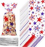 100 Pieces Patriotic Celllo Bags Independence Day 4th of July Candy Bags Goodie Bags Blue Red USA Star Cellophane Plastic Favor Bags with 100 Silver Twist Ties for American Memorial Day Party Supplies