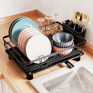 GSlife Dish Drying Rack with Drainboard - Dish Racks for Kitchen Counter with 12 Plate Slots, Rust-Resistant Dish Drainer with Higher Tray Feet, Utensil Holder with Spout, Black