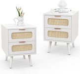 HOPUBUY Nightstands Set of 2 with Rattan Drawer, Modern Night Stand for Bedrooms, Wooden 2 Drawer Bedside Table Side Table for Small Place and Bedroom (White, 2 Drawers 2 Pack)