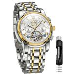 OLEVS Self Winding Watches for Men Tourbillon Automatic Mechanics Luxury Dress Stainless Steel Strap Luminous Waterproof Men Wrist Watches, 9910 two tone strap & white dial