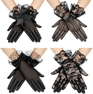 Geyoga 4 Pairs Halloween Lace Gloves Women Tea Party Gloves Elegant Short Gloves Vintage Gloves Summer Gloves for Women(Black)