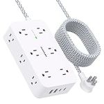 Extension Cord 10 Ft, Power Bar Surge Protector with 12 Outlets 4 USB Ports (2USB C), Large Desk Power Strip with Long Cord, Flat Plug, Wall Mount for Office Home College Dorm Room Essentials, White