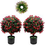 Emalie 20.9”T Artificial Topiary Rose 2 Pack Faux Boxwood Ball Tree UV Resistant Potted Bushes Fake Plants for Front Door Porch Home Office Decor