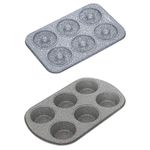 Femora Carbon Steel Stone Ware Non-Stick Coated Muffin 6 Slots and Doughnut Tray, Set of 2