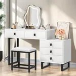 YITAHOME Vanity Set, Makeup Desk with Power Strip, Glamour Table with Tri-Color Touch Control Mirror, Five Storage Drawers