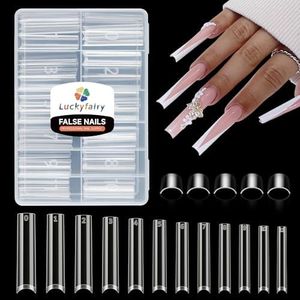 Luckyfairy 3XL No C Curve Square Flat Nail Tips, 120pcs Extra Long Straight Tapered Acrylic Gel x Fake Nails, Matte Half Cover Clear Gelly Press on for Extension Manicure Home DIY 12 Sizes Gelly Tips