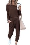 PRETTYGARDEN Women's 2024 Fall Two Piece Outfit Long Sleeve Crewneck Pullover Tops And Long Pants Tracksuit (Brown,Medium)