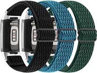 【3Pack】 Elastic Watch Band Compatible with Fitbit Charge 5/Charge 6,Stretch Woven Soft Nylon Sport Breathable Wristband Replacement Women Men for Fitbit Charge（Black-Green-Blue）