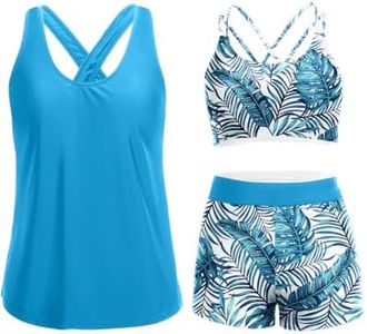 Holipick Blue Leaf 3 Piece Tankini Swimsuits for Women Tummy Control Bathing Suits Swim Tank Top with Bra Boy Shorts Teen Swimwear XL