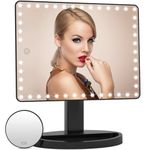 Large Lighted Makeup Vanity Mirror with 45 LED Lights, Rechargeable Lithium Battery Light Up Mirror, 10X Magnification Touch Screen, 360° Rotation Portable Tabletop Cosmetic illuminated Mirror