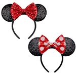 2 PCS Minnie Ears,YUNISS Shiny Sequin Bow Mouse Ears Headbands for Women Girls Christmas Halloween Birthday Party (Red&polka dot bow)