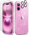 BERFY Compatible with iPhone 16 Plus Case Glitter, [5 in 1] with 2X Screen Protector + 2X Camera Lens Protector, [Non-Yellowing] Clear Sparkle Shockproof Hard Phone Case for Women 6.7", Shiny Clear