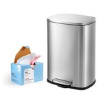 QUALIAZERO 50L/13Gal Stainless Steel Commercial/Kitchen Step Trash Can & 13 Gal Trash Bag Set, Soft Close Lid, Rectangle Shape (50L RECT & Bag)