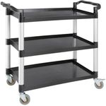 3 Tier Mobile Polypropylene Trolley Black - 180 kg Capacity, Size: 1070 x 960x520mm, Kitchen Storage Cart Including 2x Braked & 2x Plain Easy-Fit Castors for use in Catering, DIY & Housekeeping.