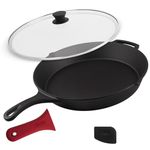Cuisinel 15" Cast Iron Skillet + Glass Lid Cover + Black Pan Scraper + Silicone Handle Grip Cover - Pre-Seasoned Kitchen Cookware - Indoor/Outdoor - Camping, Grilling, BBQ, Oven Use