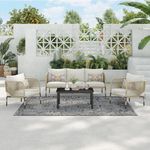 OUTLIVING Garden Sofa Set Outdoor Sofa with Cushions and Center Table | Patio Furniture Set | Garden Backyard Sofa Conversation Sets for Living Room Home Office Balcony (5 Seater-Beige)