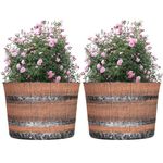 SG Traders Round Plastic Whisky Barrel Garden Pot Flower Pots Planter Tub Patio Pot Outdoor Traditional Barrel Brown with Silver Bands Garden Plant Pot Outdoors with Drainage Holes (Pack of 2)