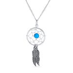 Western Boho Turquoise Accent Native American Indian Feathers Leaf Dream Catcher Pendant Necklace For Women Teens Oxidized .925 Sterling Silver