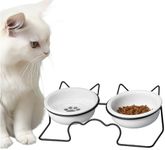 Navaris Raised Cat Food Bowls with Stand - Cute Elevated Cat Feeder - Feeding Bowl for Cats - Includes Two Dishwasher Safe Ceramic Bowls and Decorative Frame