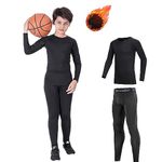 Kids Base Layer - Athletic Kids Thermal Long Sleeve Top and Leggings Compression Set for Sport Football Basketball Ski Black