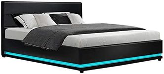 Artiss King Bed Frame Platform Headboard RGB LED Gas Lift Beds Base with Storage Space Frames Bedroom Room Decor Home Furniture, Upholstered with Black PVC Leather + Foam + Wood